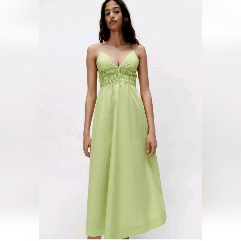 Zara Poplin Dress Smoked Waist With Pockets Neo Green Sleeveless Peasant Boho Sm